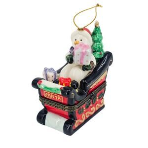 Vintage Ceramic Snowman Santa's Sleigh Frosty Hinged Trinket Box 3x2.5"